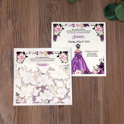 Ivory White Small Pearl Lace Invitations with Purple Design for Quinceanera