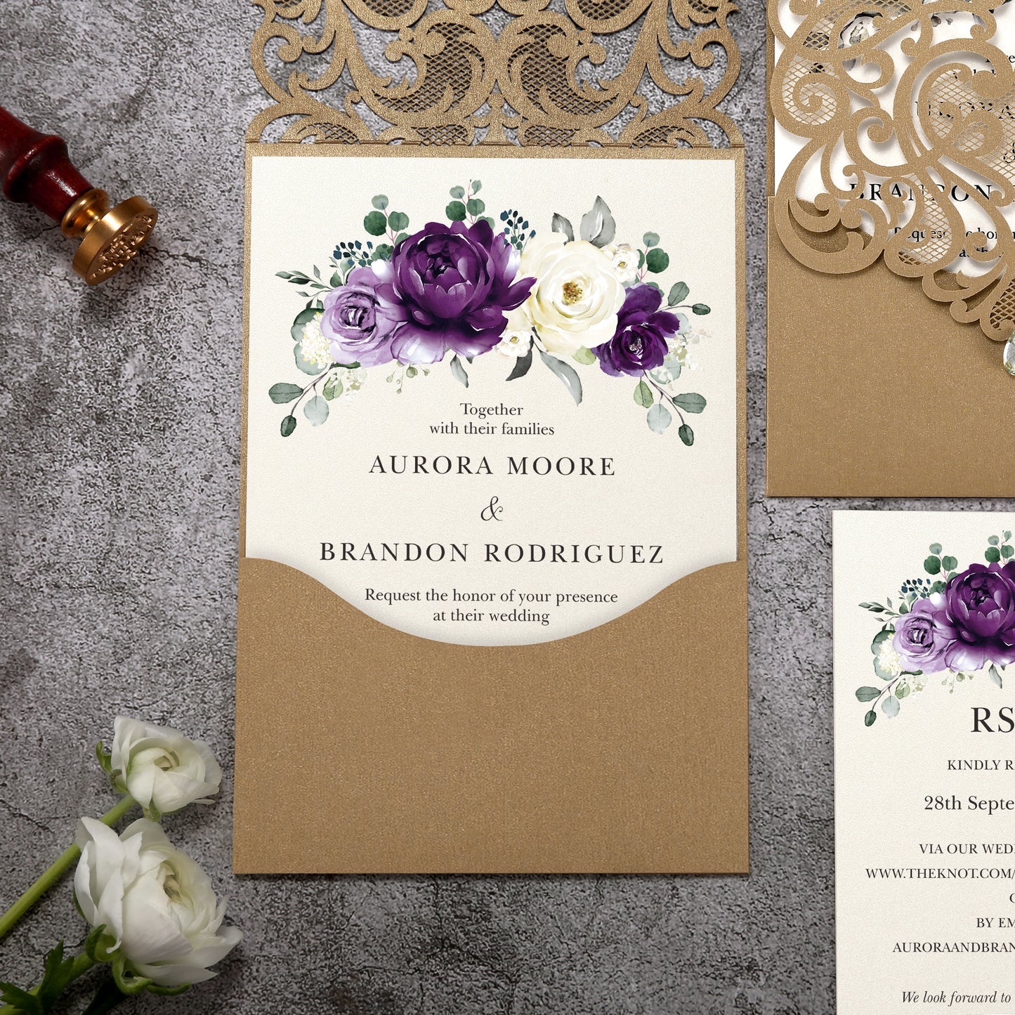Vertical Purple Floral Laser cut invitations for Wedding Anniversary
