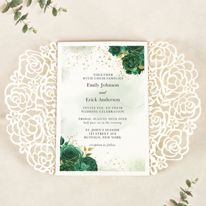 Gold Glitter Floral Laser cut invitation cards with Emerald Green Ribbon and Pearl for Wedding Anniversary