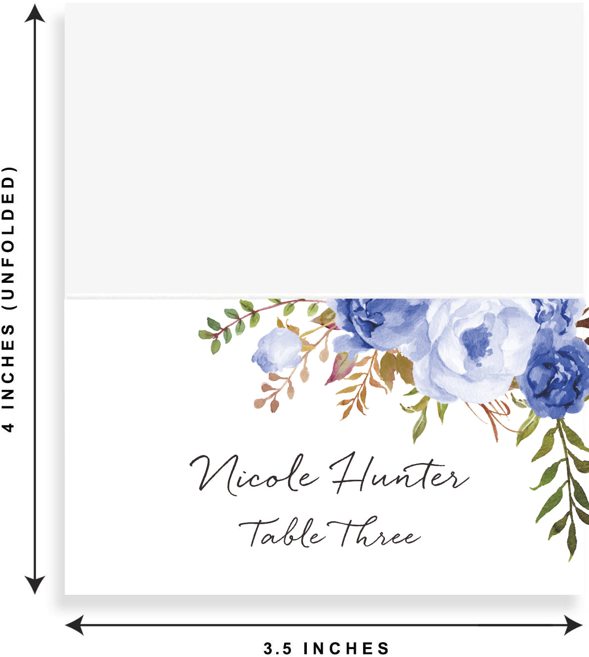 Floral Place Cards for Wedding or Party, Seating Place Cards for Tables, Scored for Easy Folding, Blue Flower Design, 2 x 3.5 Inches