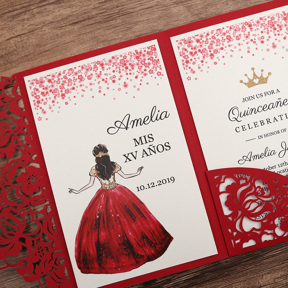 Red Floral Laser cut invitation cards for Quinceanera - DorisHome