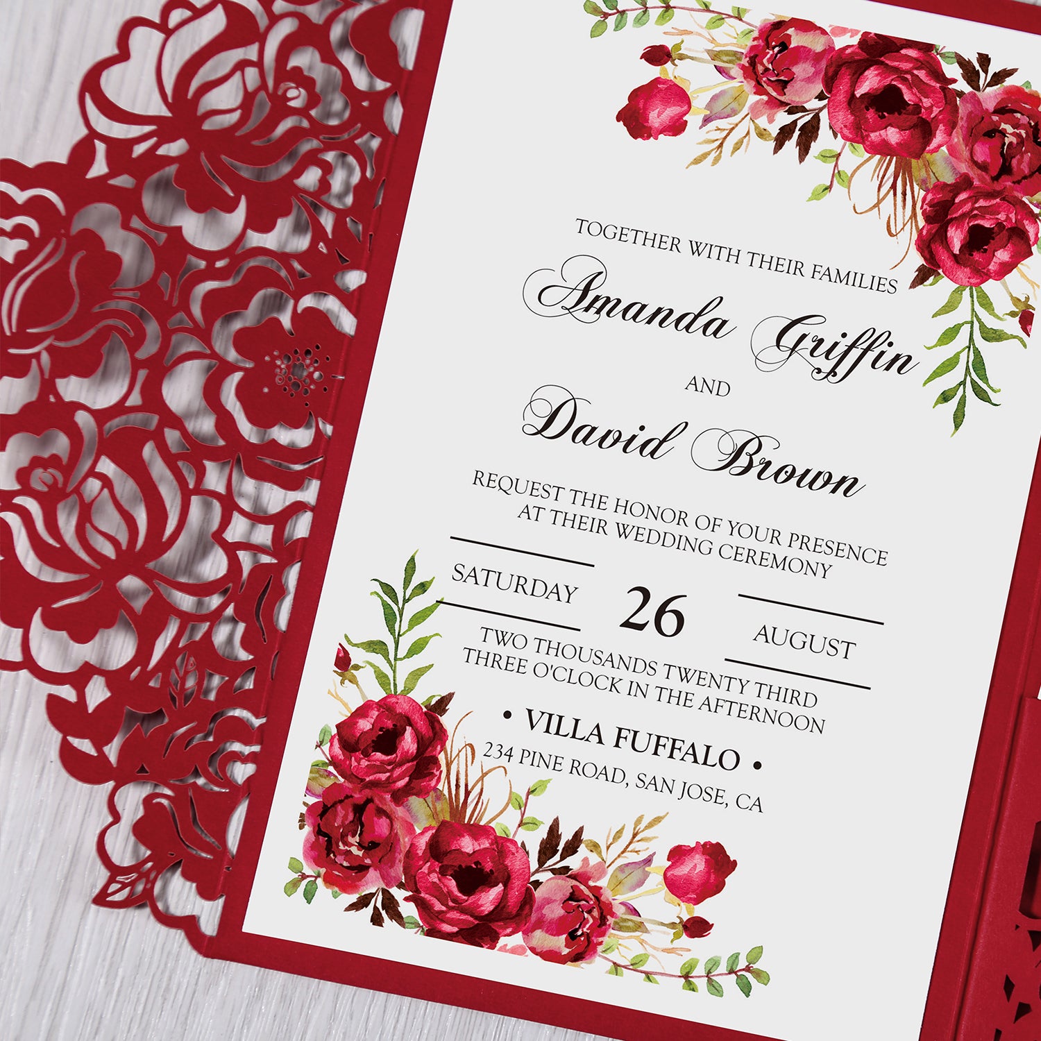 Red Floral Laser cut invitation cards for Wedding - DorisHome