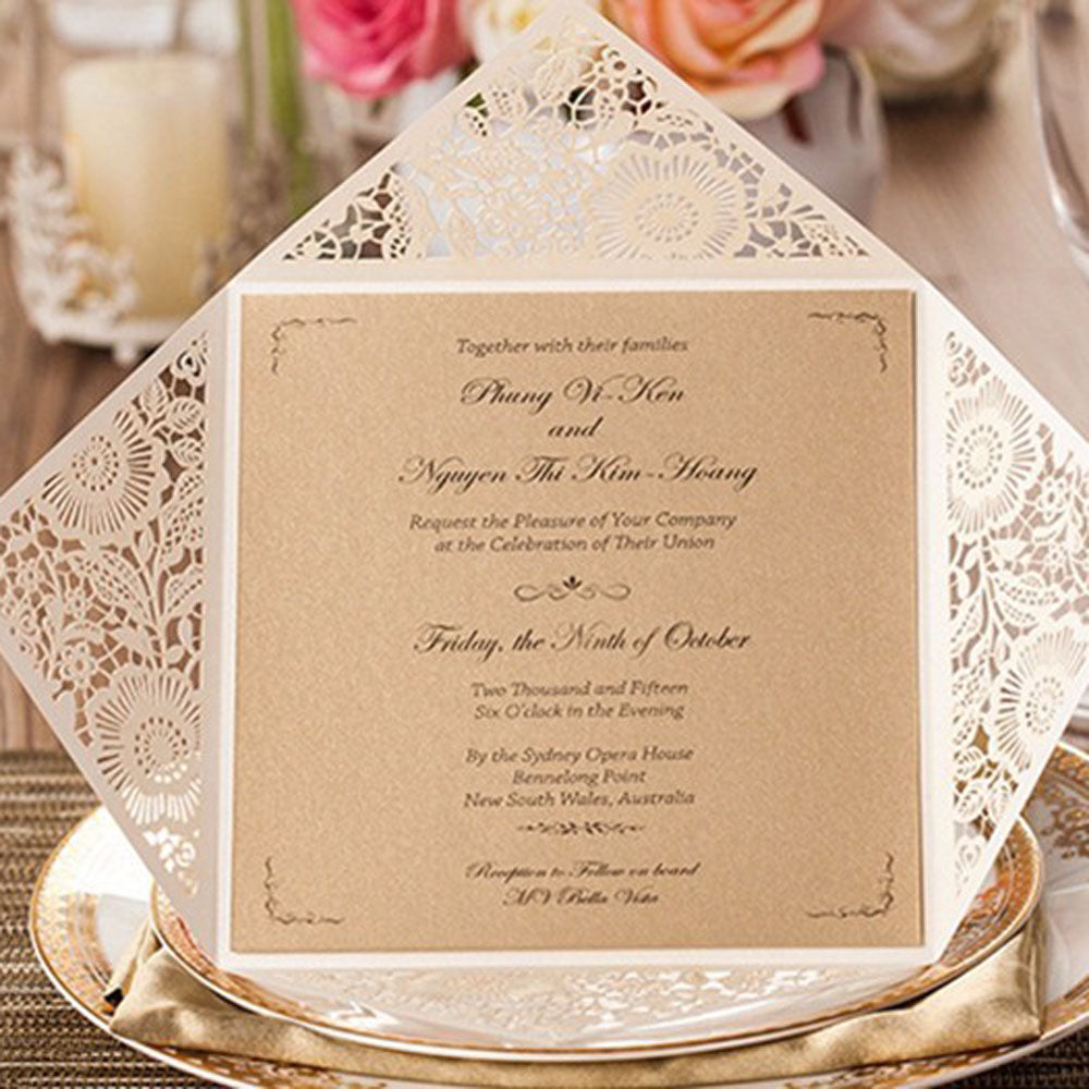 Square Gold Lase-cut Lace Flower Pattern Wedding Invitations - DorisHome