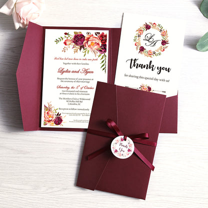 Pocket Burgundy Wedding Invitations Greeting Cards - DorisHome