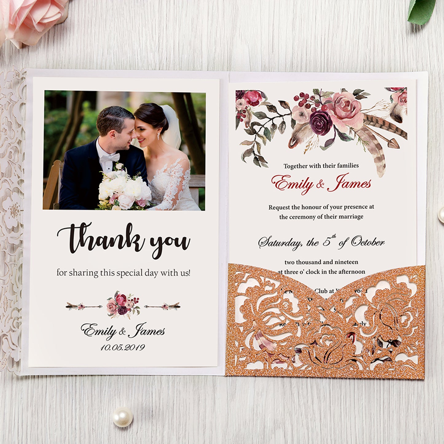 4.7 x7 inch Bronze Glitter Laser Cut Hollow Rose Wedding Invitations Cards with Envelopes