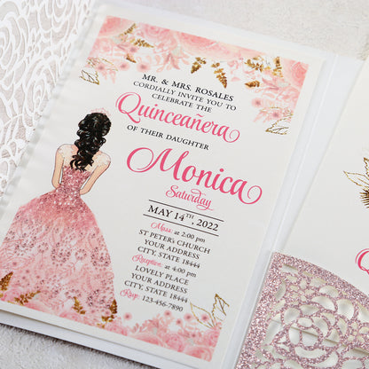 4.7 x7 inch Rose Gold Glitter Laser Cut Hollow Rose Wedding Invitations Cards with Glitter Pockets and Envelopes for Quincenera Birthday Party - DorisHome