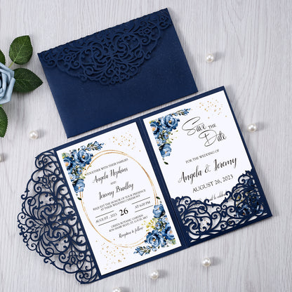 4.7 x7 inch Blue Laser Cut Hollow Rose Wedding Invitations Cards with Envelopes for Wedding Party - DorisHome
