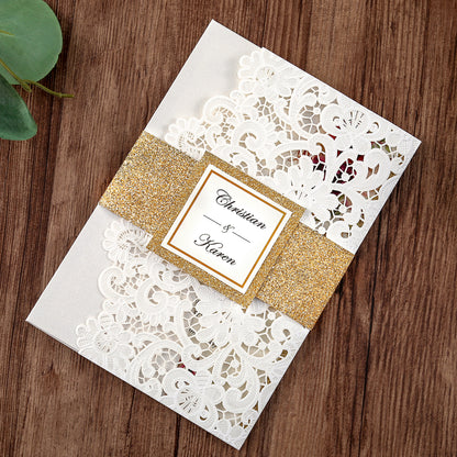 White Hollow Flora Laser Cut Invitations with Gold Glitter Border and Glitter Belly Band for wedding,bridal shower