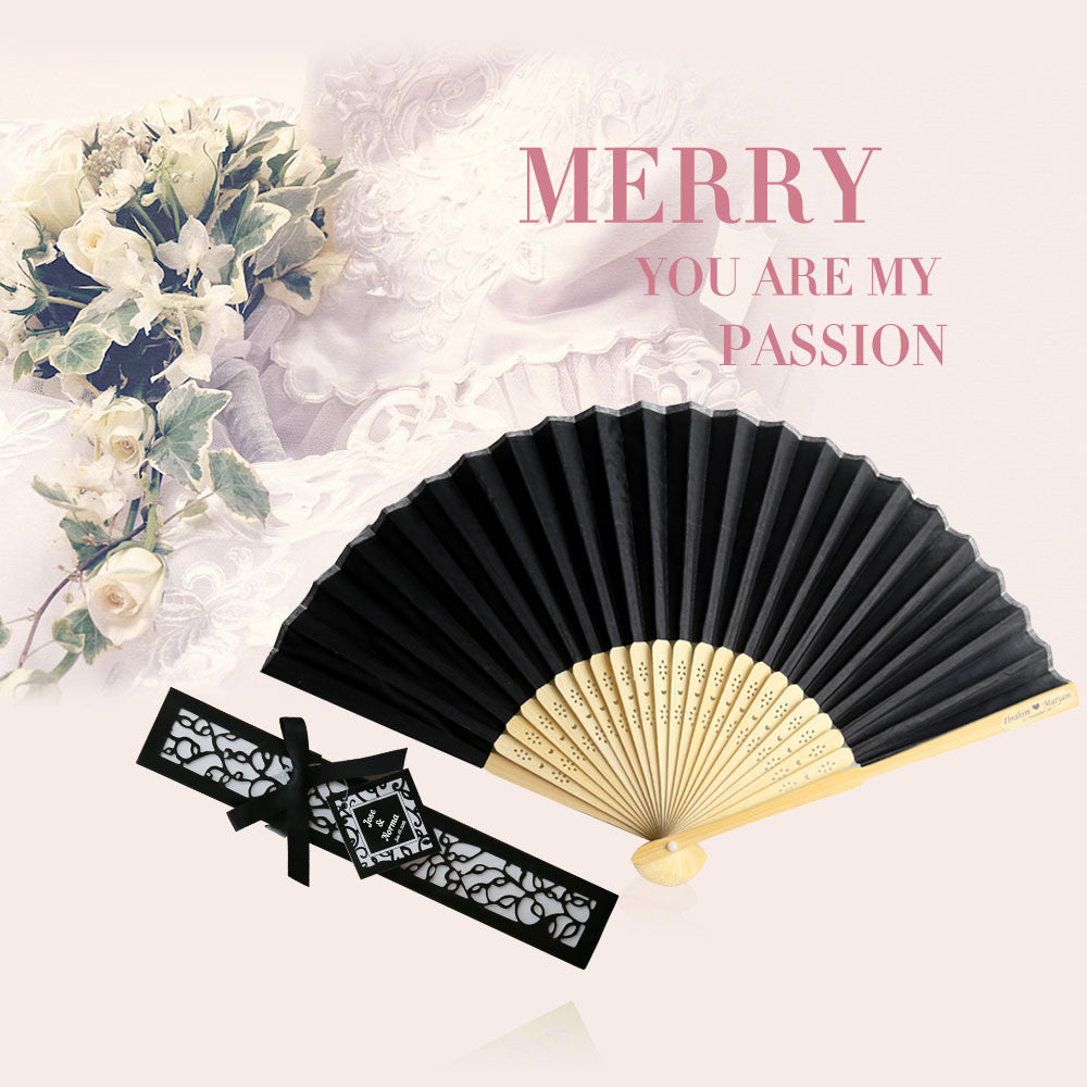 50pcs Satin Silk Folding Hand Held Bamboo Fans with Names for Summer Wedding Favor, Black - DorisHome