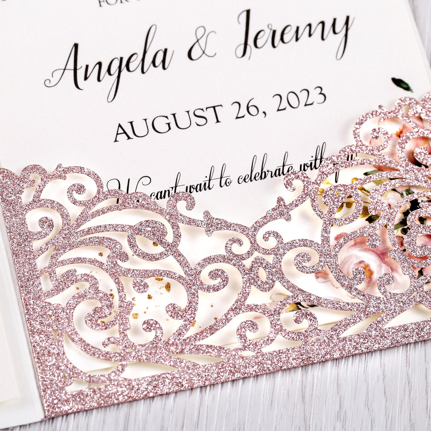 4.7 x7 inch Rose Gold Glitter Laser Cut Hollow Rose Wedding Invitations Cards with Glitter Pockets and Envelopes for Wedding Party - DorisHome