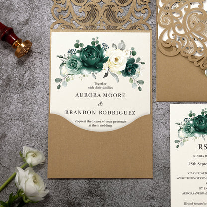 Vertical Green Floral Laser cut invitations for Wedding Anniversary