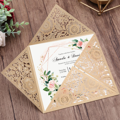 Square Gold Lase-cut Lace Flower Pattern Wedding Invitations - DorisHome