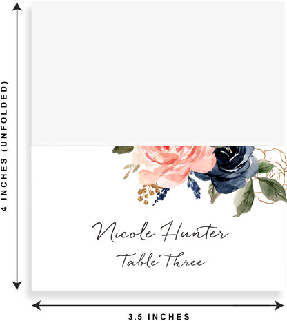 Floral Place Cards for Wedding or Party, Seating Place Cards for Tables, Scored for Easy Folding, Navy Flower Design, 2 x 3.5 Inches