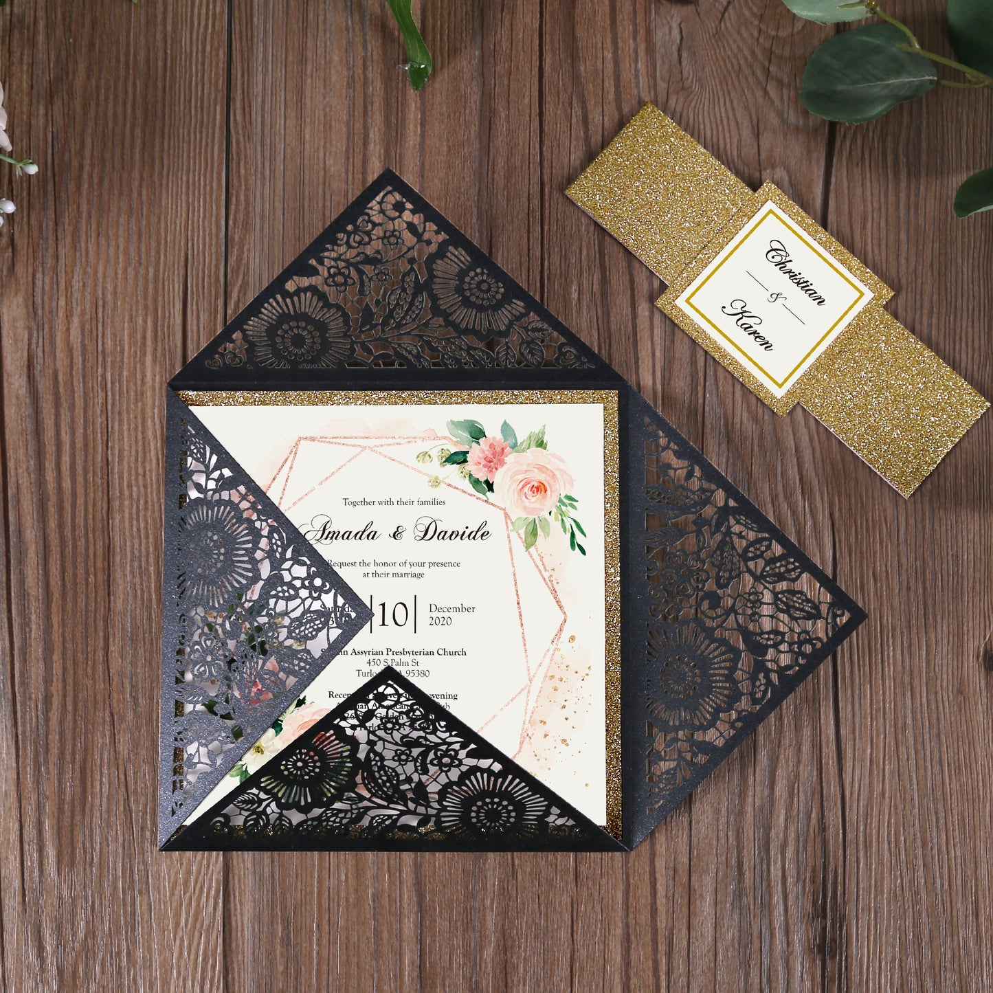 Square Black Lase-cut Lace Flower Pattern Wedding Invitations