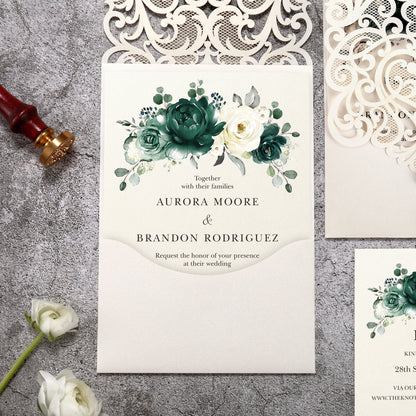 Vertical Green Floral Laser cut invitations for Wedding Anniversary