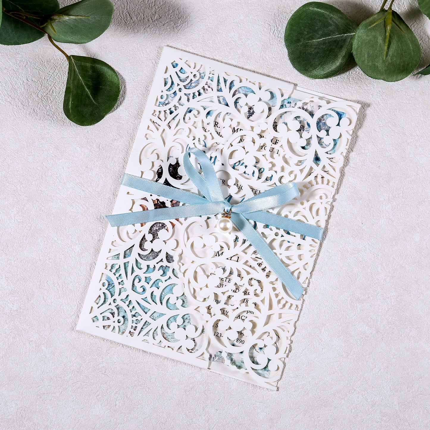 5 X 7.2" Laser Cut Hollow Rose Wedding invitations Cards With Blue Ribbon And Envelopes For Quinceanera Sweet 15 Invite - DorisHome