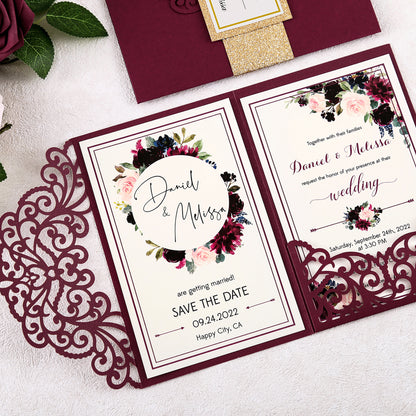 DreamBuilt 4.7 x7 inch Burgundy Laser Cut Wedding Invitations With Envelopes Kit Hollow Rose Pocket And Gold Glitter Belly Band for Wedding Bridal Shower Engagement Invite