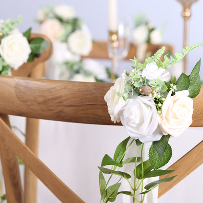 Wedding Aisle Decorations White Pew Flowers Set of 10 for Wedding Ceremony Party Chair Decor with Artificial Flowers Eucalyptus and Ribbons