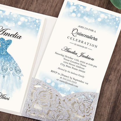 Glitter Silver Floral Laser cut invitation cards for Quinceanera