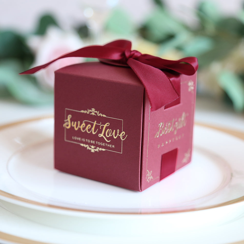 50 pcs Birthday Wedding Party Favor, Wedding Gift Bags Chocolate Candy and Gift Boxes Bridal Shower Party Paper Gift Box Burgundy Boxes with Ribbons,CB080R - DorisHome