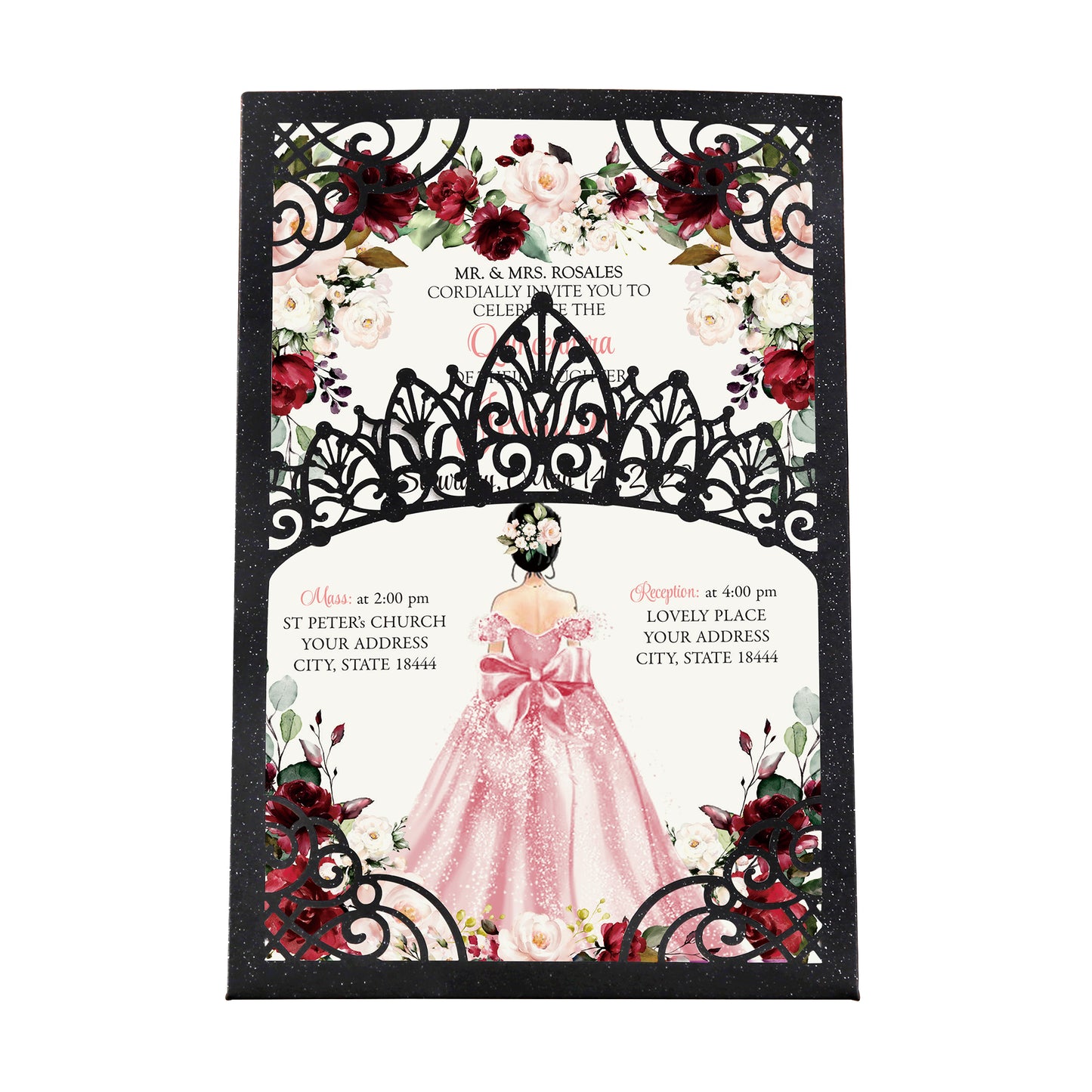 Pearlized Black Invitations Purple Greeting Cards For Quinceanera