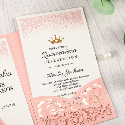 Pink Floral Laser cut invitation cards for Quinceanera - DorisHome