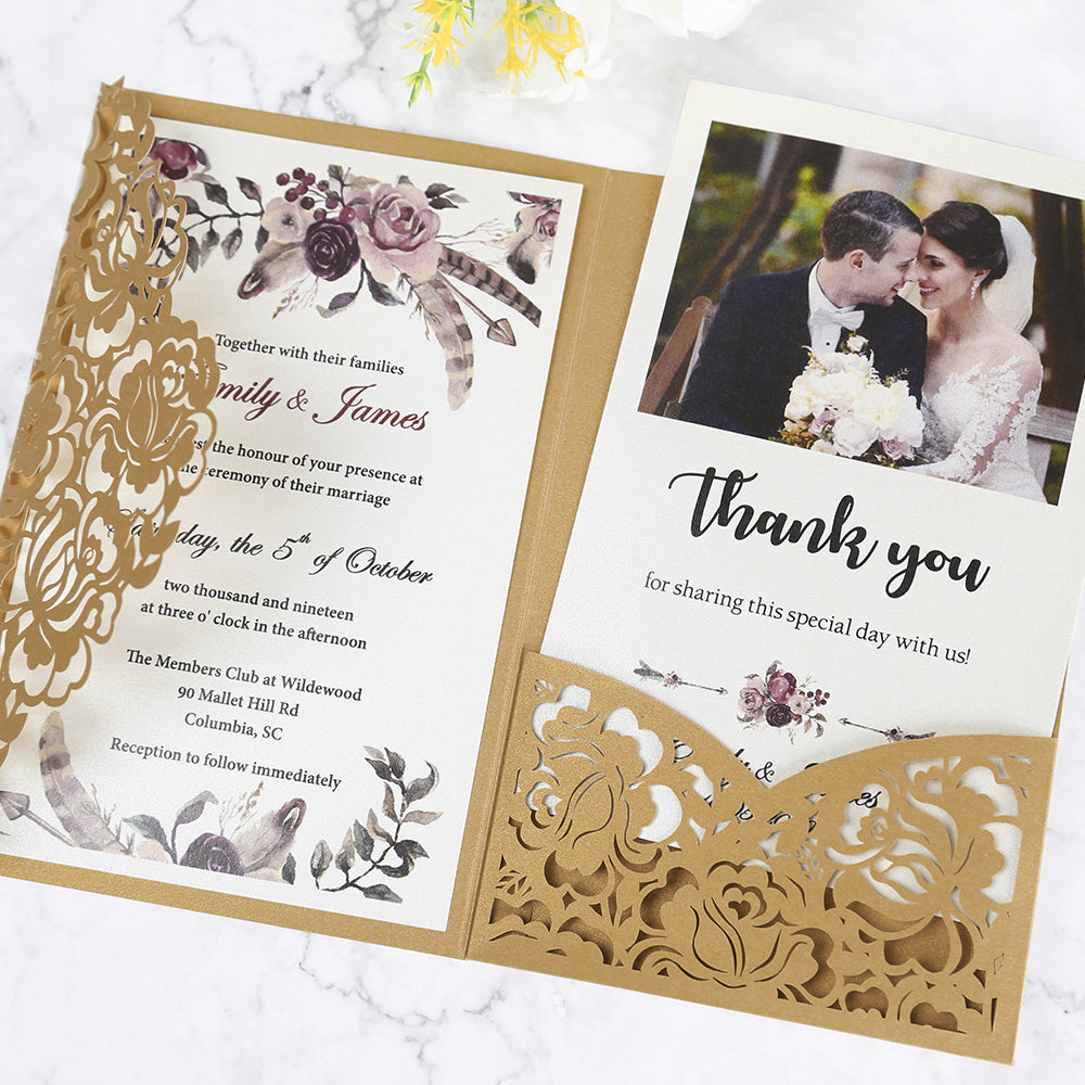 Gold Floral Laser cut invitation cards for Wedding, Anniversary - DorisHome