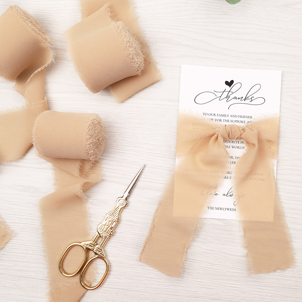 Handmade Fringe Chiffon Silk-Like Ribbon 2" x 7Yd Set of 3 Rolls Ribbons for Wedding Invitations, Bouquets, Gift Wrapping (3 Rolls Nude) - DorisHome
