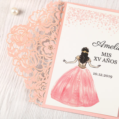 Pink Floral Laser cut invitation cards for Quinceanera - DorisHome