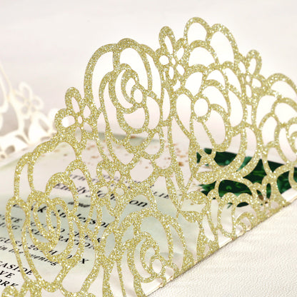 Gold Glitter Floral Laser cut invitation cards with Emerald Green Ribbon and Pearl for Wedding Anniversary