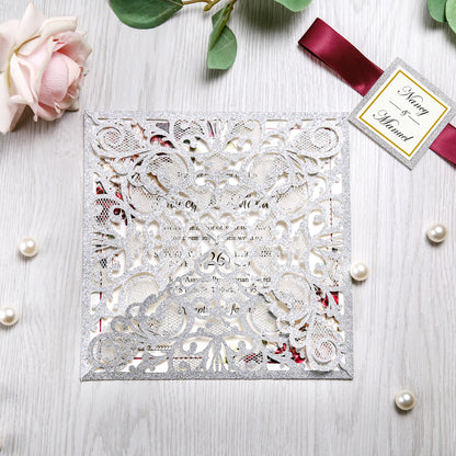 Square Glitter Sliver Wedding Invitations with Burgundy Ribbon Belly Band for Wedding - DorisHome