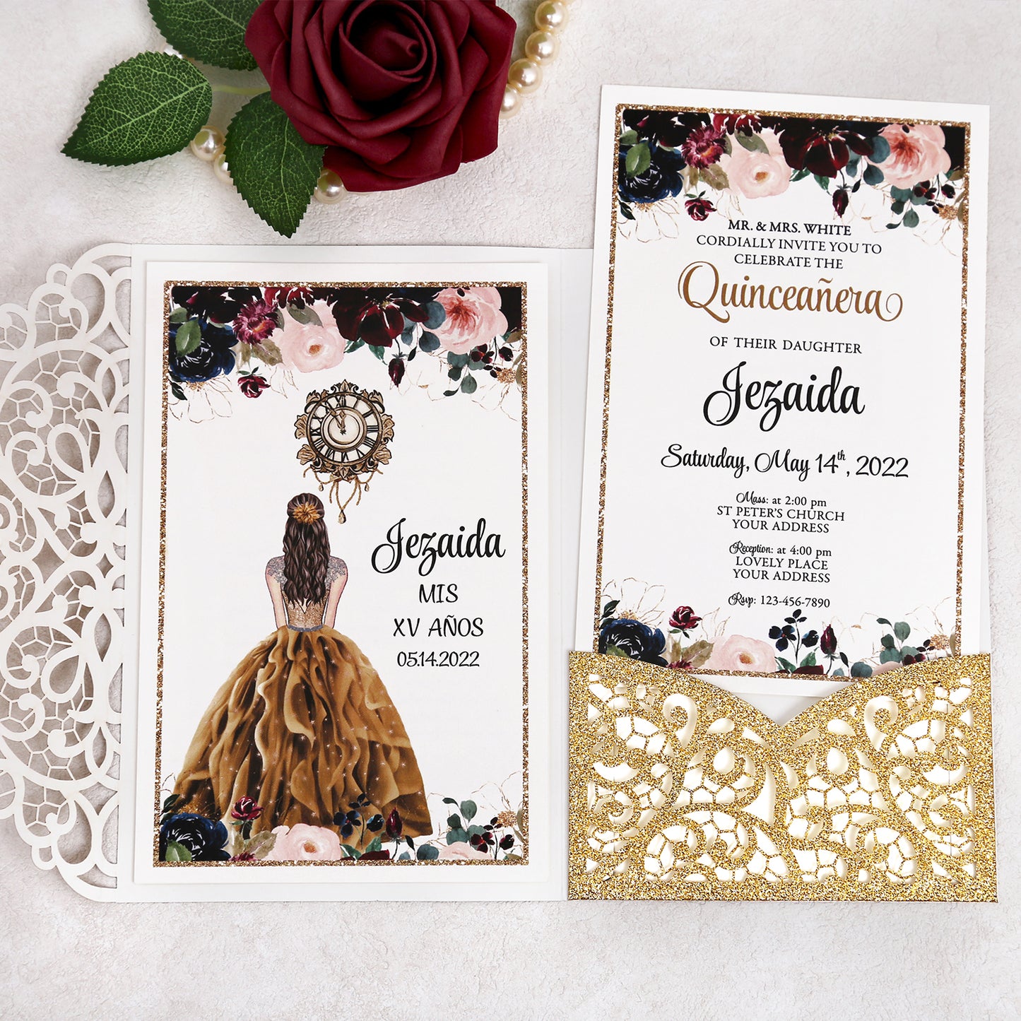 4.7 x7 inch Gold Glitter Laser Cut Hollow Rose Quinceanera Invitations Cards with Envelopes for Quinceanera Party