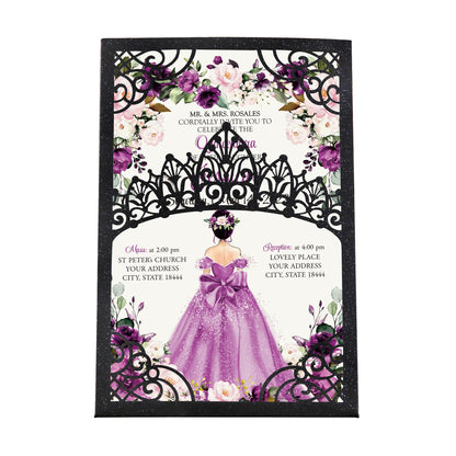 Pearlized Black Invitations Purple Greeting Cards For Quinceanera