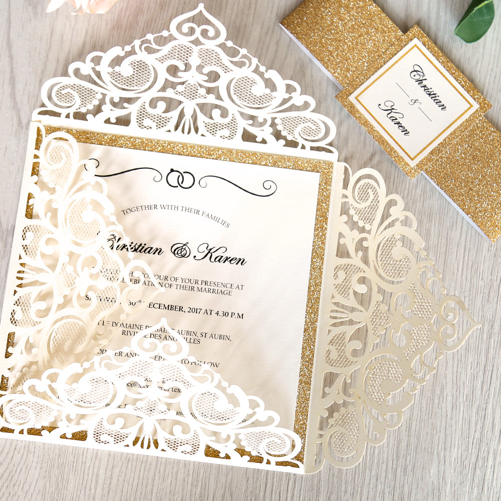 Square Ivory Wedding Invitations with Gold Glitter Border with Gold Band for Wedding, Bridal Shower, Dinner, Party - DorisHome