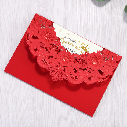 Red Hollow Flora Laser Cut Invitation Cards, Invitations - DorisHome