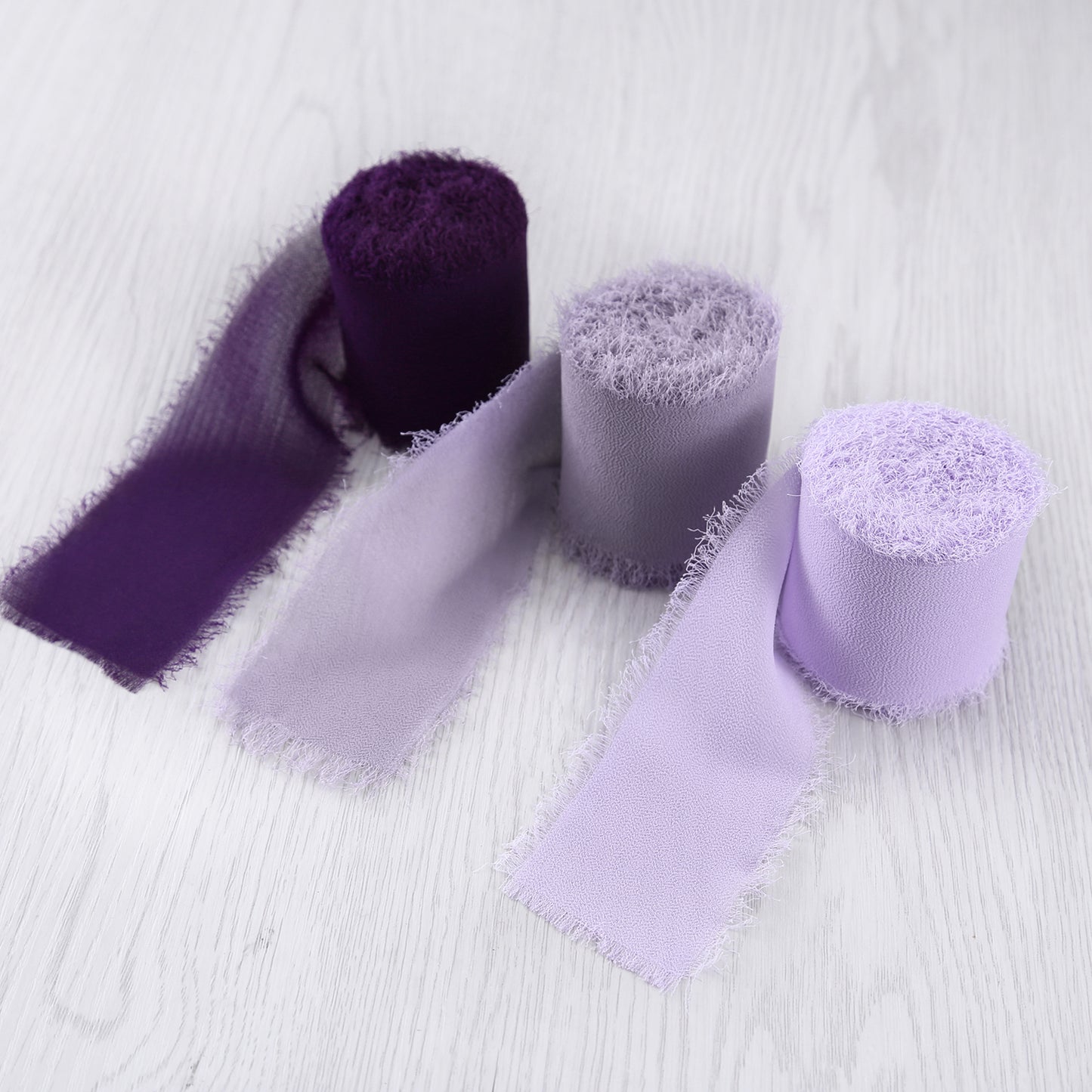 Handmade Fringe Chiffon Silk-Like Ribbon 2" x 7Yd Set of 3 Rolls Ribbons for Wedding Invitations, Bouquets, Gift Wrapping (3 Rolls Plum/Pastel Purple/Lavender)