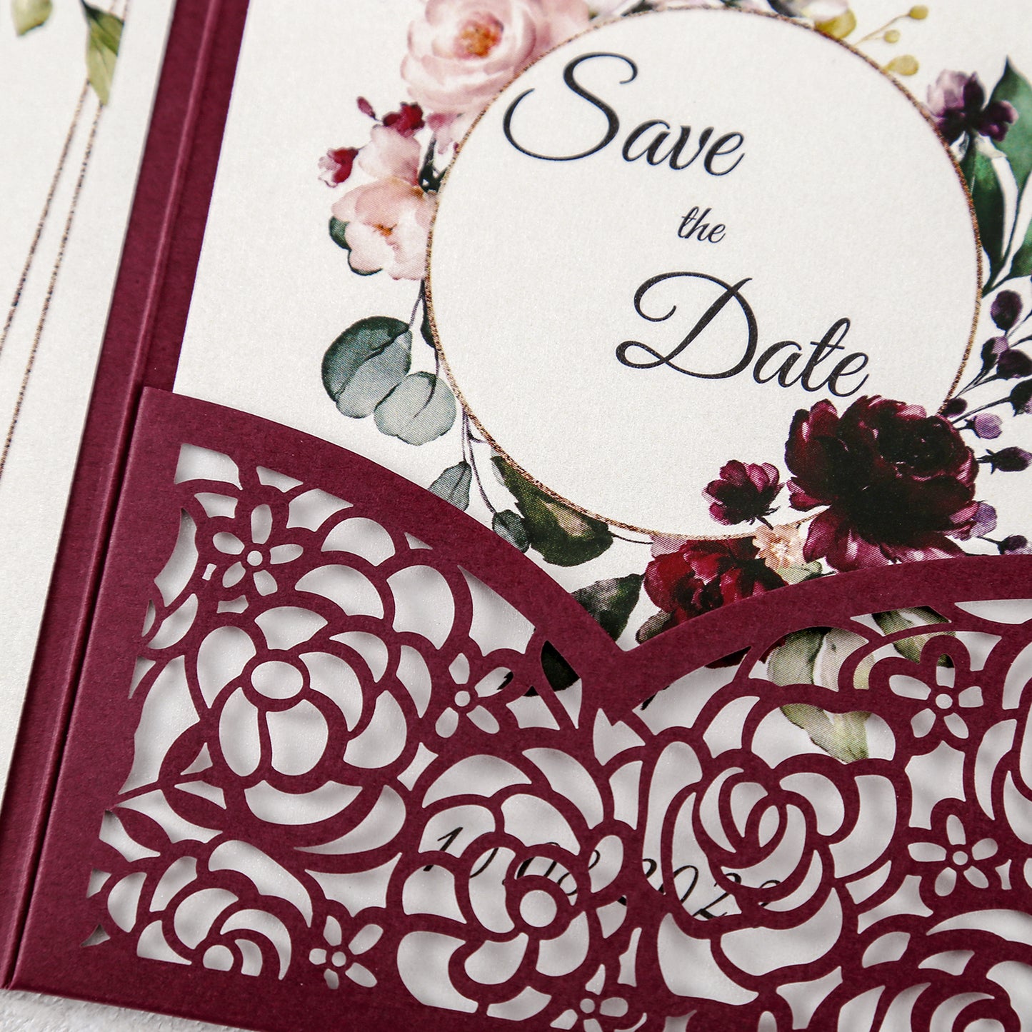 4.7 x7 inch Burgundy Laser Cut Hollow Rose Wedding Invitations Cards with Burgundy Pockets and Envelopes for Wedding Bridal Shower