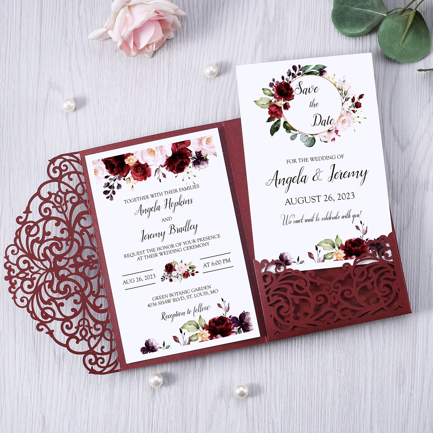 4.7 x7 inch Burgundy Laser Cut Hollow Rose Wedding Invitations Cards with Envelopes for Wedding Party - DorisHome