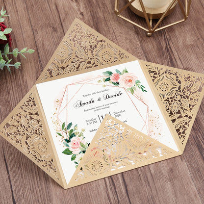 Square Gold Lase-cut Lace Flower Pattern Wedding Invitations - DorisHome