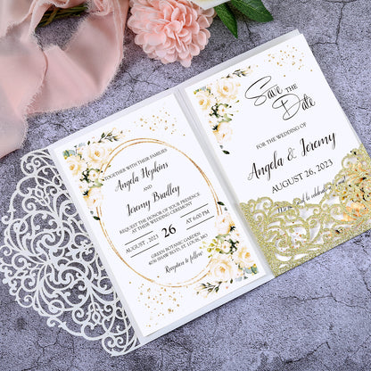 4.7 x7 inch Gold Glitter Laser Cut Hollow Rose Wedding Invitations Cards with Glitter Pockets and Envelopes for Wedding Party - DorisHome