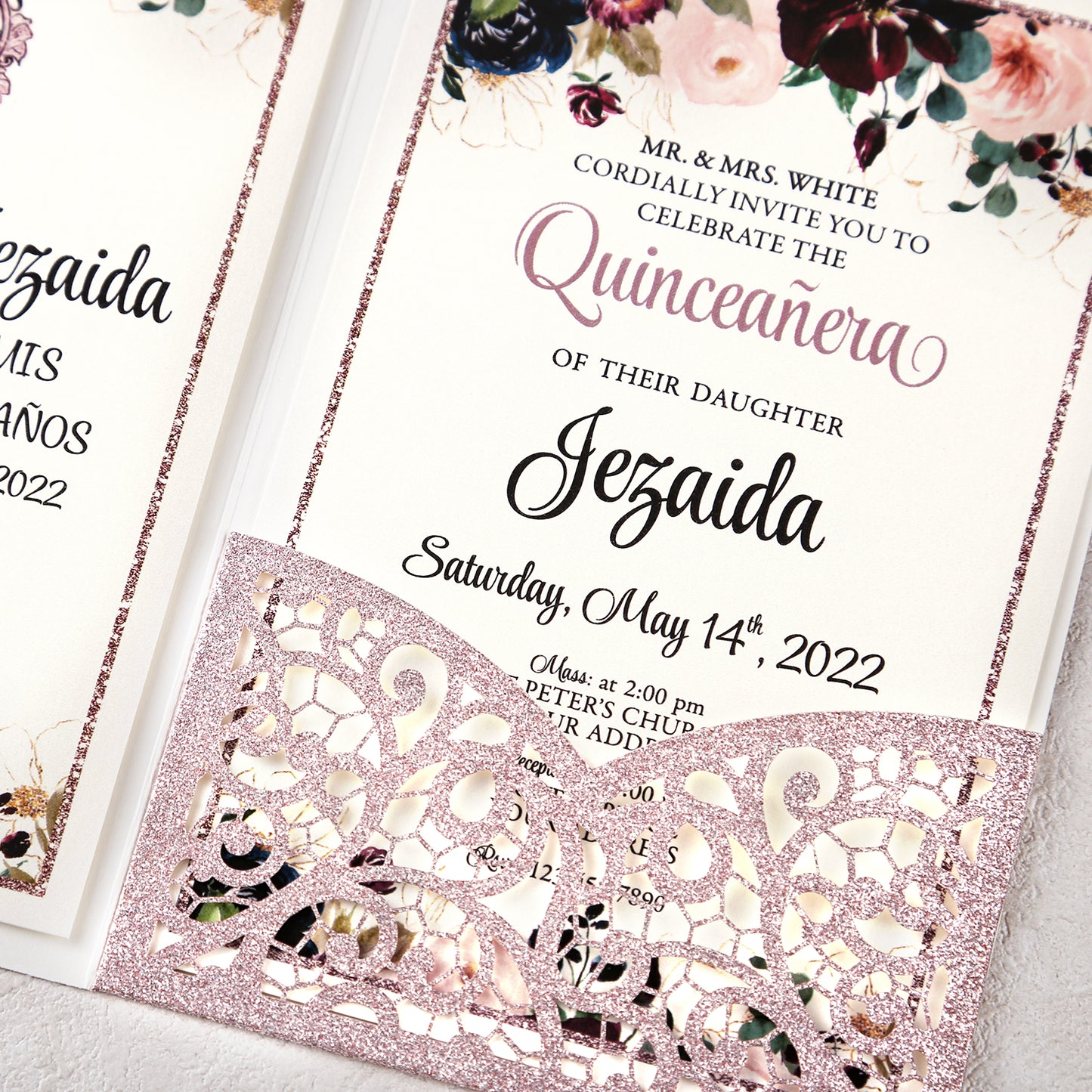 4.7 x7 inch Rose Gold Glitter Laser Cut Hollow Rose Quinceanera Invitations Cards with Envelopes for Quinceanera Party