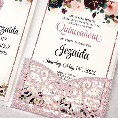 4.7 x7 inch Rose Gold Glitter Laser Cut Hollow Rose Quinceanera Invitations Cards with Envelopes for Quinceanera Party