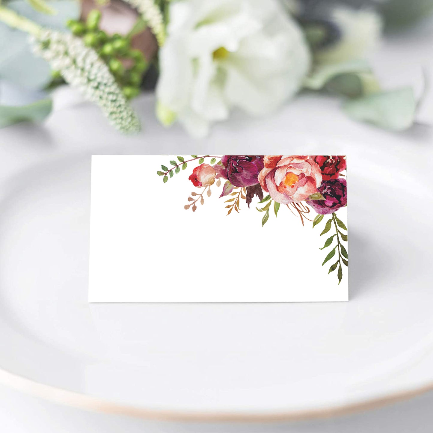Floral Place Cards for Wedding or Party, Seating Place Cards for Tables, Scored for Easy Folding, Burgundy Flower Design, 2 x 3.5 Inches