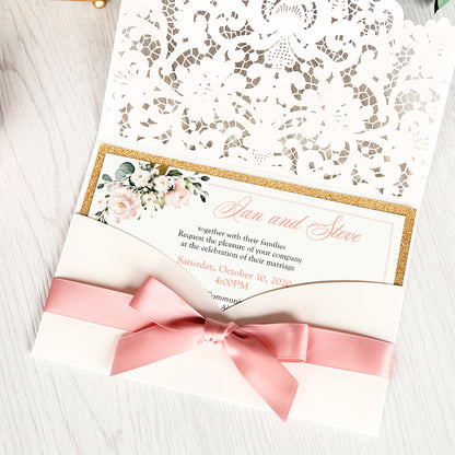 White Hollow Flora Laser Cut Invitations with Gold Glitter Border and Pink Ribbons for wedding,bridal shower - DorisHome