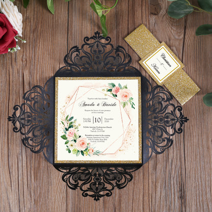 Square Black Laser Cut Lace Flower Invitations Cards - DorisHome