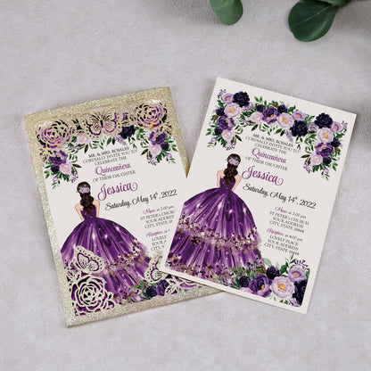 Light Gold Glitter with Hollow Butterflies Invitations Greeting Cards For Quinceanera