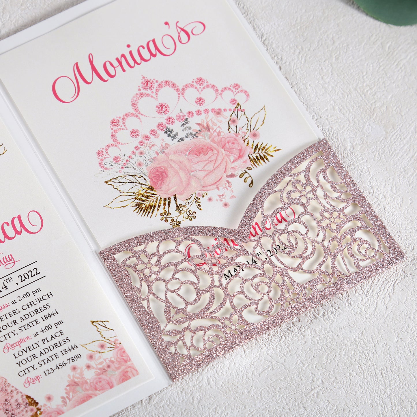 4.7 x7 inch Rose Gold Glitter Laser Cut Hollow Rose Wedding Invitations Cards with Glitter Pockets and Envelopes for Quincenera Birthday Party - DorisHome