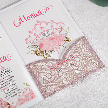 4.7 x7 inch Rose Gold Glitter Laser Cut Hollow Rose Wedding Invitations Cards with Glitter Pockets and Envelopes for Quincenera Birthday Party - DorisHome