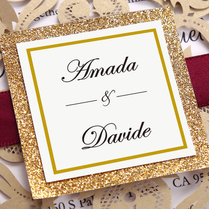 Square Gold Laser Cut Lace Flower Invitations Cards - DorisHome