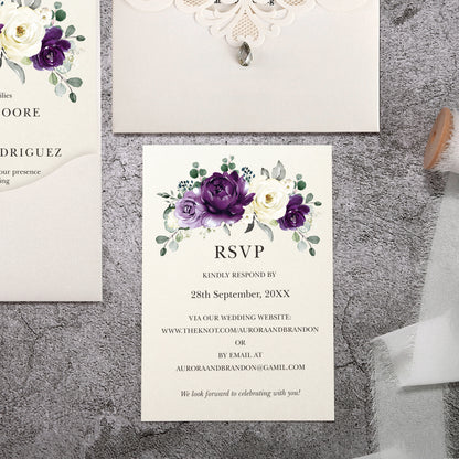 Vertical Purple Floral Laser cut invitations for Wedding Anniversary